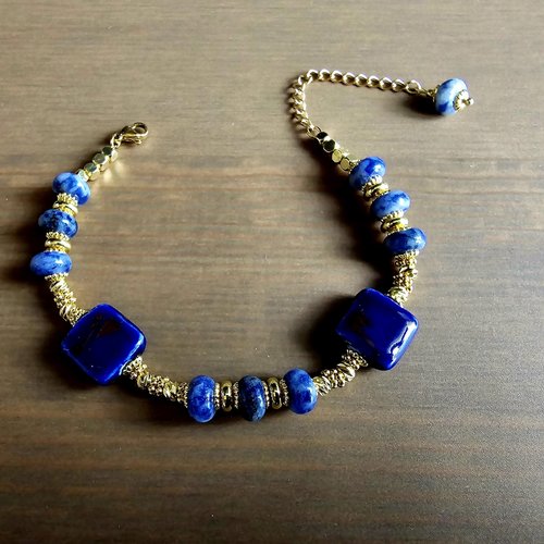 Bracelet ajustable femme perle rondelle véritable pierre naturelle sodalite perle bleue carrée céramique breloque dorée acier inoxydable