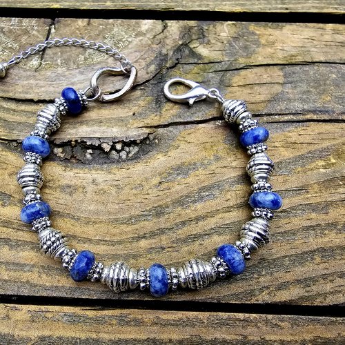 Bracelet mixte homme femme garçon viking ethnique réglable perle acier inoxydable argenté perle bleue sodalite création artisanat