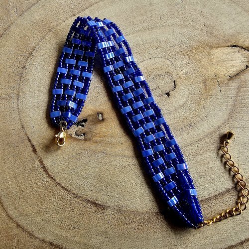 Bracelet manchette mixte adolescent ajustable perle bleue miyuki tila petite perle rocaille bleue nuancée mousqueton doré acier inoxydable