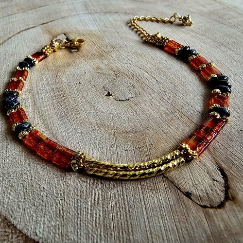 Bracelet mixte ajustable perle miyuki tila couleur rouge perle rocaille série picasso chaine breloque dorée acier inoxydable création