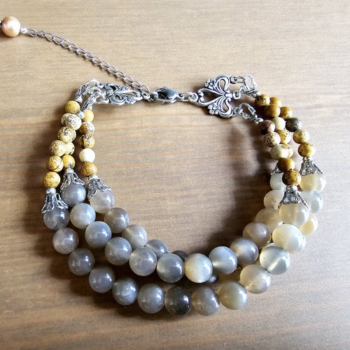 Bracelet ajustable réglable trois rangées rangs perle marron clair pierre de lune véritable petite perle jaspe marron création unique