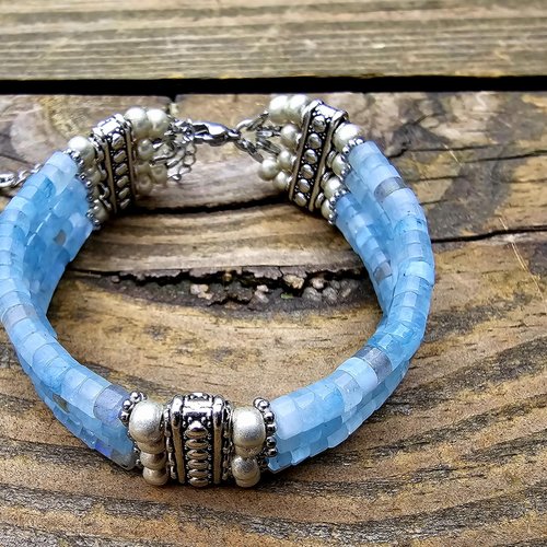 Bracelet ajustable réglable unisexe mixte perle de pierre naturelle rondelle bleue perle argentée quatre rangées rang création modèle