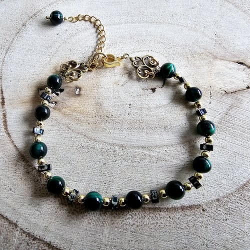 Bracelet ajustable femme perle verte pierre ronde lisse agate naturelle petite perle rocaille noire nuancée miyuki tila chaine inoxydable