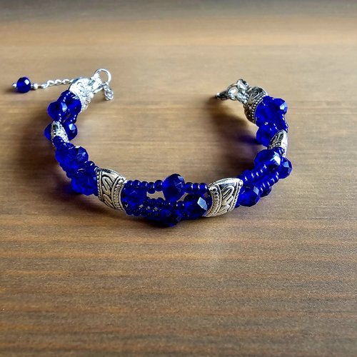 Bracelet ajustable unisexe mixte trois rangées rangs perle bleue marine foncée brillante large perle argentée breloque création unique