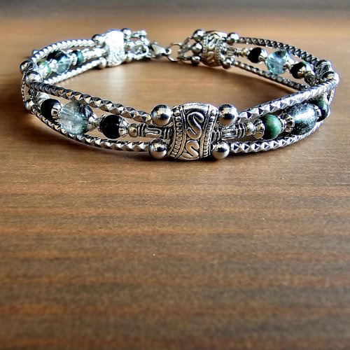 Bracelet ajustable unisexe mixte poignet fort homme large perle argentée acier inoxydable breloque trois rangée rang perle pierre verte