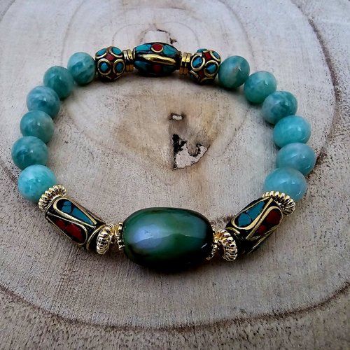 Bracelet élastique amazonite grosse perle centrale verte agate perle métallique népalaise tibétaine rouge bleue création unique