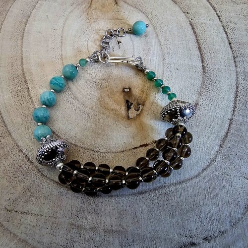 Bracelet femme réglable ajustable verte amazonite et agate grosse perle métal argenté trois rangée rang perle marron quartz nature