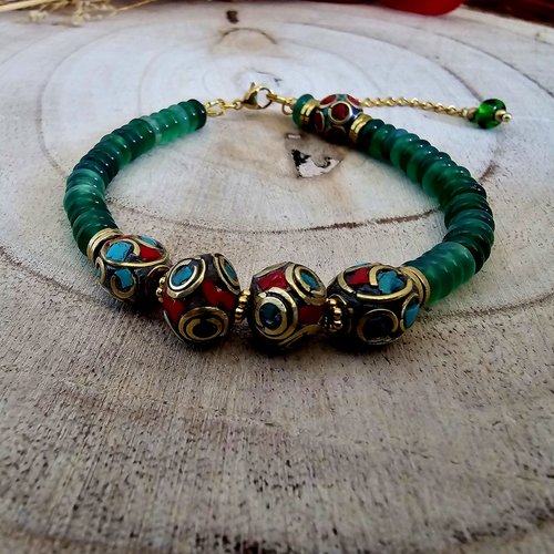 Bracelet réglable mixte unisexe perle verte rondelle heishi pierre naturelle breloque acier inoxydable doré perle tibétaine népalaise