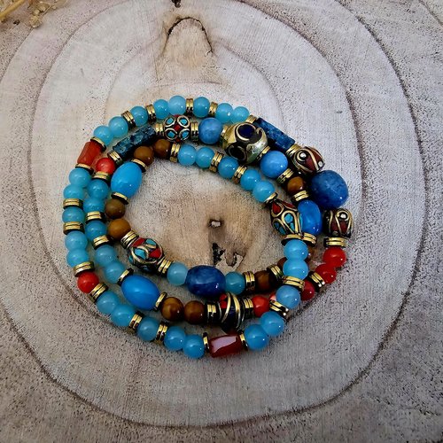 Collier bracelet ajustable élastique boho multi rang rangée mixte unisexe perle bleue tibétaine népalaise perle imitation bois