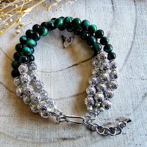 Bracelet ajustable mixte unisexe trois rangées rangs tours vrai perle pierre naturelle verte foncée agate breloque perle argentée