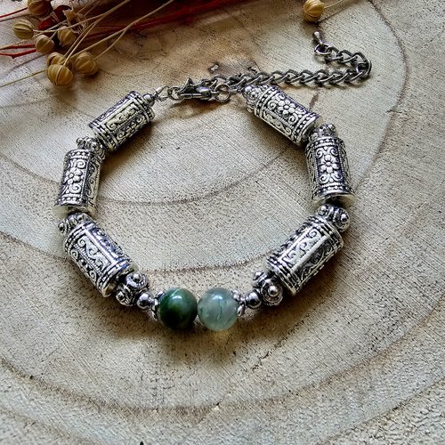 Bracelet ajustable mixte unisexe perle rouleau argenté fleuri vrai perle pierre ronde agate naturelle verte breloque argenté
