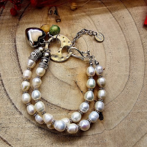 Bracelet ajustable femme double rangée rang véritable perle blanche naturelle d'eau douce romantique bohème breloque couleur argent