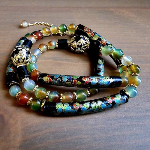 Bracelet trois rangée rang ou collier ajustable femme printanier romantique bohème perle tube fleurie noire perle paon différente couleur