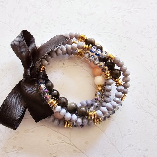 Lot 5 bracelets élastiques femme romantique bohème boho perle grise rose noire bleue à facette perle eau douce blanche noeud ruban noir