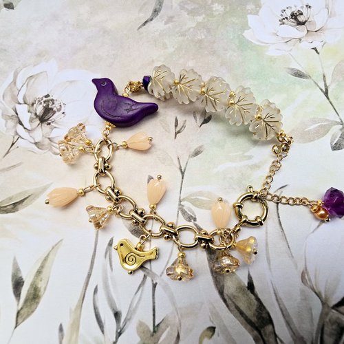 Bracelet femme ajustable printanier fleuri chaine dorée acier inoxydable romantique bohème oiseau violet petite fleur perle forme feuille