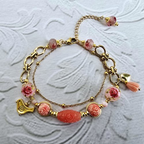 Bracelet femme ajustable romantique bohème boho double chaine couleur or acier inoxydable perle rose motif fleuri breloque oiseau coeur