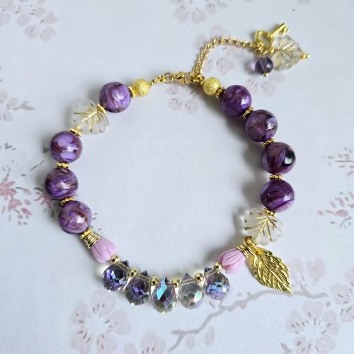 Bracelet ajustable acier inoxydable romantique bohème femme perle violette perle goutte facette éclat cristal scintillant façonné fleur