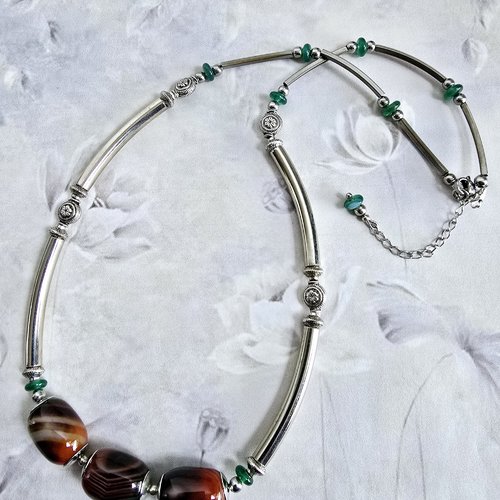 Collier ou bracelet femme ajustable 2 en 1 trois rangées tube argenté perle heishi verte perle pierre naturelle agate à rayure