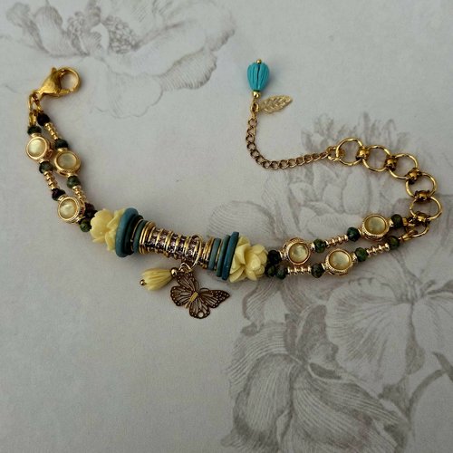 Bracelet ajustable bohème romantique intemporel vintage strass fleur breloque dorée acier inoxydable petite perle verte picasso rocaille