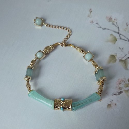 Bracelet femme romantique ajustable réglable perle centrale acier inoxydable perle verte tube tonneau verre breloque intercalaire carré