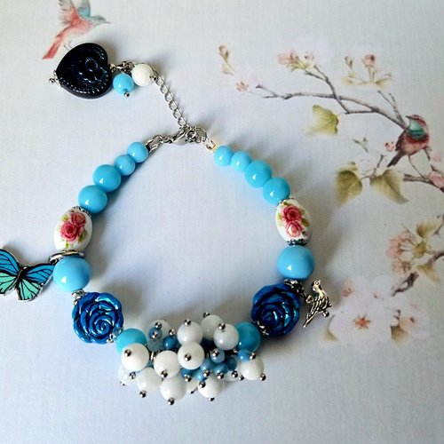 Bracelet femme ajustable printanier romantique pétillant belle saison oiseau perle bleue fleurie fleur rose perle blanche pierre naturelle