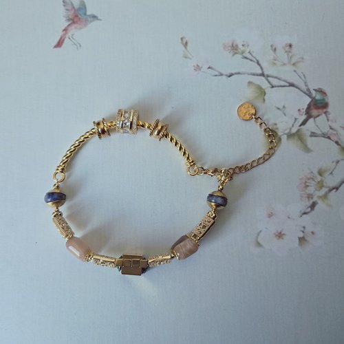 Bracelet ajustable femme véritable pierre naturelle de soleil couleur rosée perle donut bleue lapis lazuli breloque dorée inoxydable