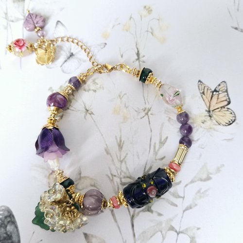 Bracelet femme ajustable acier inoxydable printanier romantique bohème fleuri fleur violette rose bleue transparente feuille arbre verte