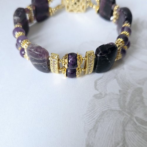 Bracelet femme non ajustable perle rectangulaire fluorite véritable pierre naturelle violette fermoir carré zircon breloque inoxydable