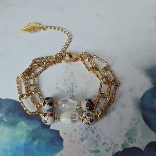 Bracelet ajustable femme romantique bohème printanier perle fleur fleurie perle blanche double rangée rangs maillon chaine inoxydable