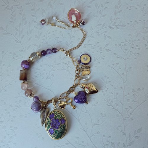 Bracelet femme ajustable printanier romantique bohème fleuri boite cadre photo souvenir chaîne breloque acier inoxydable perle améthyste