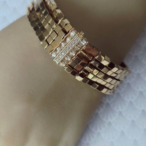 Bracelet manchette femme ajustable petit perle cube carré couleur doré pierre hématite inoxydable connecteur strass boho perle