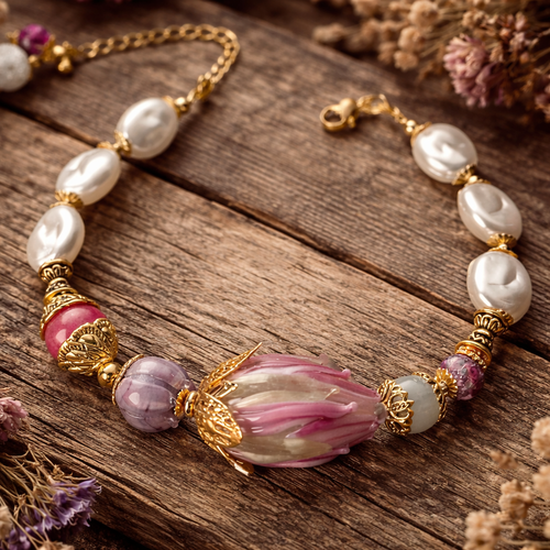 Bracelet femme ajustable fleuri printanier bohème romantique grosse fleur verre chalumeau style imitation perle de culture ovale blanche