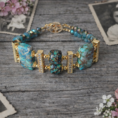 Bracelet manchette femme non ajustable perle bleue rectangulaire en pierre naturelle perle boho façonnée brillante breloque inoxydable