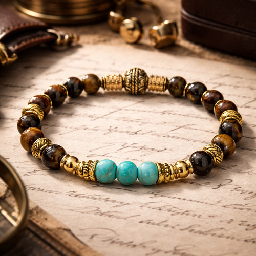 Bracelet homme élastique véritable perle ronde naturelle marron oeil de tigre perle bleue howlite breloque séparateur doré inoxydable