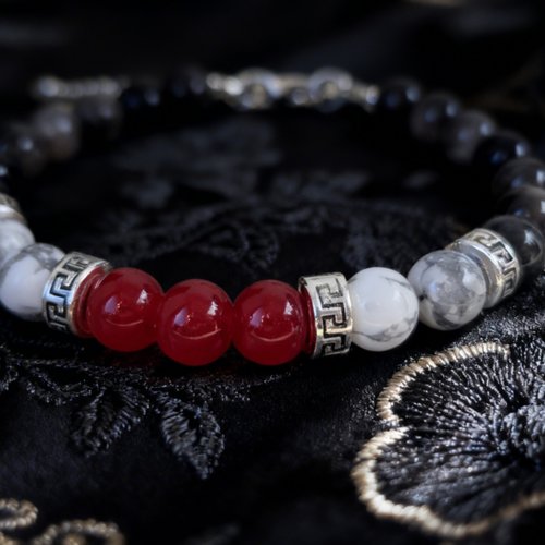 Bracelet masculin homme ajustable perle centrale rouge perle pierre blanche naturelle howlite breloque séparateur couleur argent argenté