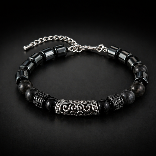 Bracelet ajustable masculin homme aventurier chic perle noire ronde forme tonneau pierre hématite naturelle perle centrale gravée