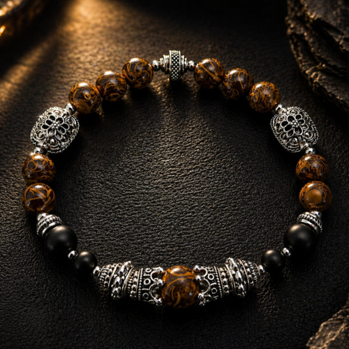 Bracelet élastique luxe homme masculin perle marbrée marron jaspe naturelle décorée peau éléphant finition texturé breloque métal