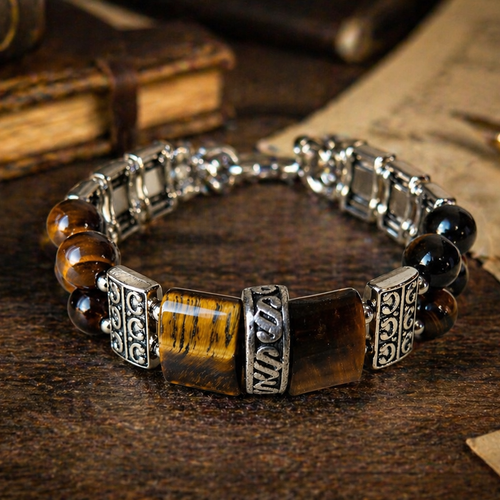 Bracelet ajustable homme masculin véritable perle ronde rectangulaire naturelle marron oeil tigre breloque connecteur couleur argent