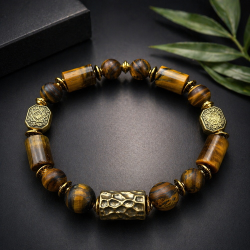 Bracelet homme élastique style baroudeur perle ronde perle tube marron oeil de tigre look masculin cylindre central vieilli texturé