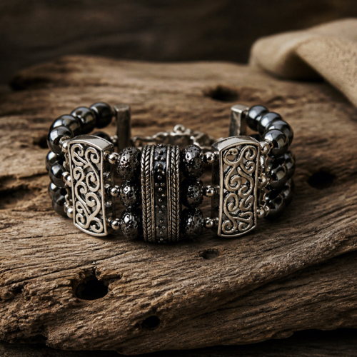 Bracelet manchette homme masculin luxe chic perle tonneau noir hématite breloque centrale métal couleur argenté perle pierre de lave gris