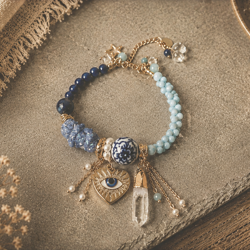 Bracelet ajustable femme acier inoxydable petite perle naturelle bleue apatite grosse porcelaine fleurie perle forme os pierre druzy