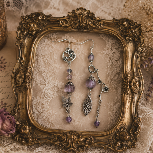 Boucle d'oreille printanière fleurie romantique bohème vintage intemporelle grosse perle fleur violette breloque pampille couleur argenté