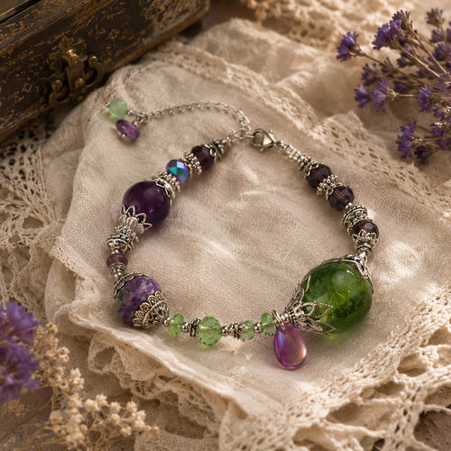 Bracelet ajustable femme argenté romantique bohème boho perle violette verte plate ronde pierre naturelle perle irisée nuancée
