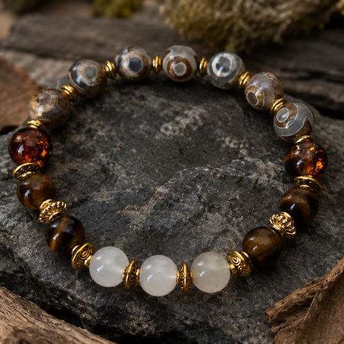 Bracelet homme masculin élastique baroudeur intemporel perle blanche centrale marron perle grise agate marbré séparateur breloque dorée