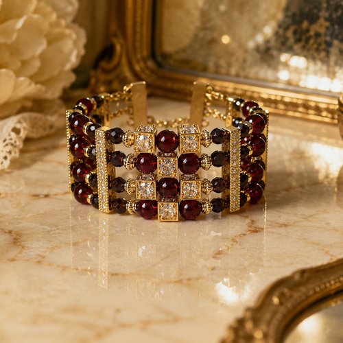 Bracelet manchette femme ajustable style vintage perle rouge petite grenat foncé breloque tube strass acier inoxydable perle strass