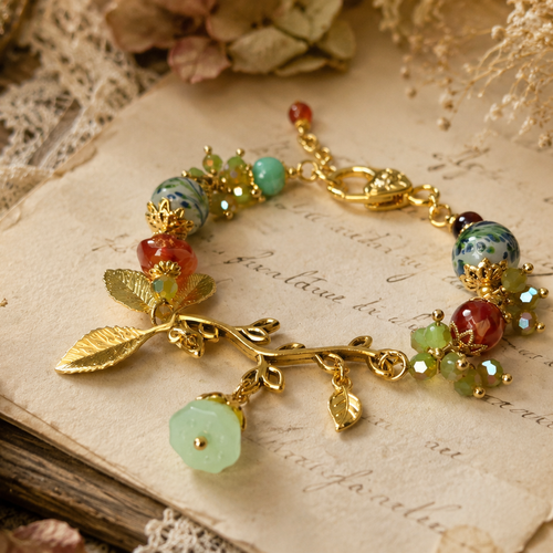 Bracelet femme ajustable bohème chic romantique vintage printanier nature feuille dorée perle fleurie fleur lotus perle orange naturelle