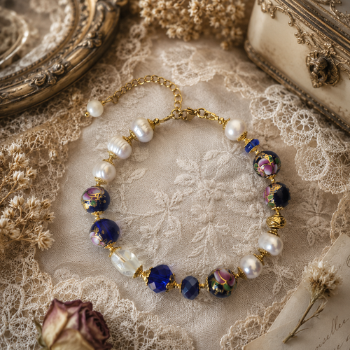 Bracelet femme ajustable intemporel romantique bohème vintage chic véritable perle culture eau douce blanche perle bleue marine fleurie