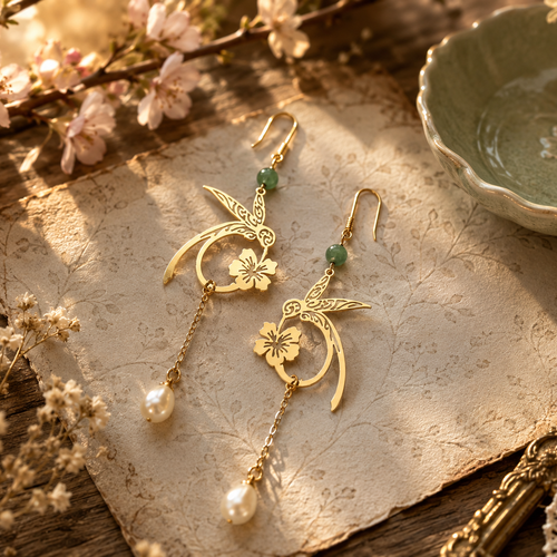 Boucle d'oreille pendante femme romantique bohème printanière saison été soleil petit oiseau colibri fleur style perle culture perle