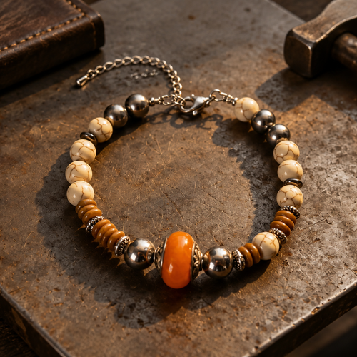 Bracelet masculin homme ajustable style intemporel baroudeur aventurier perle centrale orange heshi marron perle grise blanche marbré