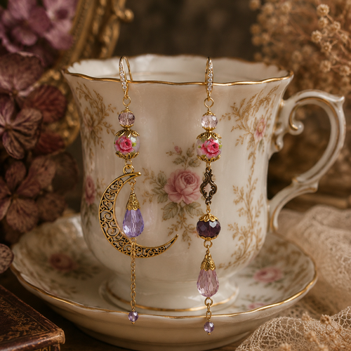 Boucle d'oreille femme chic pendante asymétrique perle goutte perle fleur fleurie printanière romantique vintage bohème breloque lune